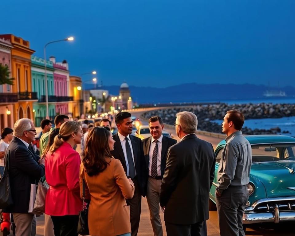 A vibrant Cuban street scene at twilight, capturing the essence of "Erinnerungskultur Kuba." In the foreground, a diverse group of individuals in professional attire, engaged in deep conversation, reflecting on historical events. The middle ground features iconic elements of Havana, such as colorful colonial buildings and vintage cars, symbolizing the cultural identity and historical memory. The background displays a subtle silhouette of the Malecón, with the sea gently lapping against the rocks, under a deepening blue sky. Soft, warm lighting illuminates the scene, creating an inviting and contemplative mood. The composition is slightly angled to emphasize the interaction in the foreground while showcasing the vibrant atmosphere of Cuban life.