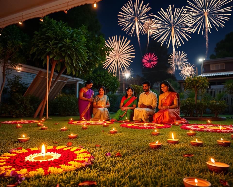A vibrant Diwali celebration scene featuring beautifully lit diyas (oil lamps) spread across a lush garden. In the foreground, colorful rangoli patterns made from flower petals and colored powders adorn the ground, while people dressed in traditional attire, such as sarees and kurta-pajamas, joyfully participate in the festivities. The middle ground showcases a family lighting diyas, with smiling faces illuminated by the warm glow of the candles. The background depicts a clear night sky filled with bright fireworks, casting a celebratory atmosphere. Soft, warm lighting enhances the festive mood, and the entire scene is framed with lush greenery under a softly illuminated marquee. The composition is balanced, capturing the essence of joy, togetherness, and spirituality synonymous with the Diwali festival.