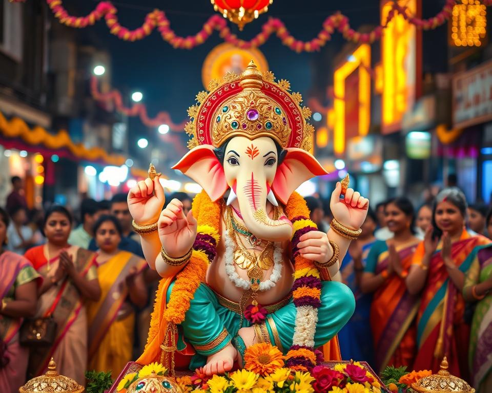 A vibrant Ganesh Chaturthi celebration scene, showcasing a beautifully adorned Ganesh idol at the forefront, embellished with colorful flowers and traditional decorations. In the middle ground, devotees dressed in traditional Indian attire, joyfully participating in rituals, offering prayers with enthusiasm. The background features a bustling street filled with decorative lights and festive banners, embodying the spirit of the festival. Soft, warm lighting creates a welcoming and festive atmosphere while spotlighting the idol. The scene should capture the joy and communal spirit of the festival, with expressions of devotion and celebration on the faces of the participants. A slightly low angle to emphasize the idol’s grandeur and the festive environment surrounding it, creating a sense of engagement and immersion.