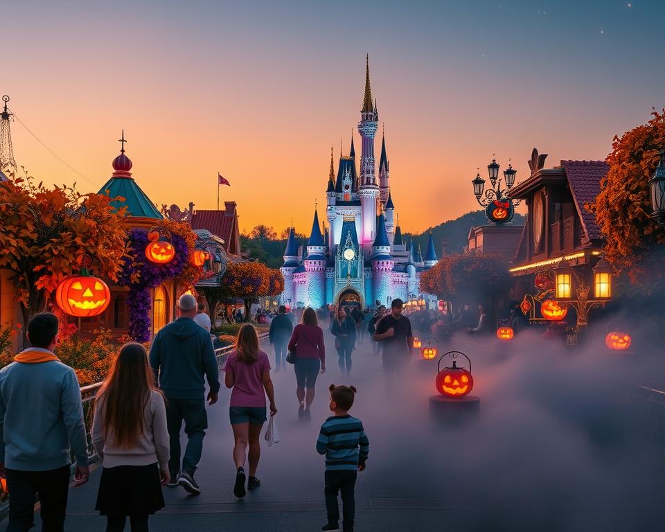 A vibrant Halloween scene at Disneyland Paris, featuring iconic attractions like Sleeping Beauty Castle adorned with spooky decorations such as glowing jack-o'-lanterns and whimsical, animated ghosts. In the foreground, families in casual clothing marvel at the festive atmosphere, surrounded by vibrant autumn leaves. The middle ground showcases guests enjoying themed attractions, with colorful lights illuminating the pathways. The sky transitions from a warm twilight glow to a starry night, creating a magical ambiance. Soft, eerie mist swirls around the ground while lanterns flicker invitingly, enhancing the enchantment of the event. Capture this enchanting atmosphere with a warm, inviting glow, wide angle view, and soft focus on the enchanting details.