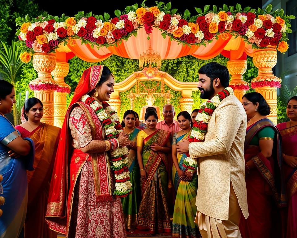 A vibrant Hindu wedding scene, showcasing an elaborate mandap adorned with colorful flowers and decorative lights. In the foreground, a joyful bride and groom, both dressed in traditional attire, stand facing each other, exchanging garlands. The bride wears a stunning red and gold lehenga, while the groom is clad in a cream-colored sherwani with intricate embroidery. In the middle ground, family members and friends are gathered, dressed in colorful saris and kurtas, some participating in rituals with small offerings. The background features lush greenery and ornamental structures, softly illuminated by warm, golden lighting. The atmosphere is filled with joy, celebration, and cultural richness, capturing the essence of family festivities and life-cycle rituals. The angle is slightly elevated, giving a broad perspective of the engagement, emphasizing the lively interactions among the guests.