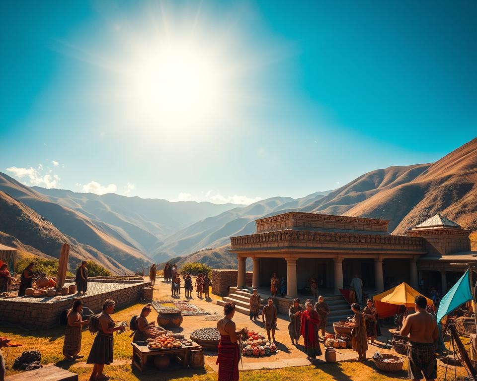 A vibrant Inca cosmological scene depicting a sacred valley under a bright blue sky, with rolling hills in the background. In the foreground, a traditional Inca temple adorned with intricate stone carvings and surrounded by lush greenery. Indigenous figures, dressed in modest traditional clothing, engage in spiritual rituals, such as offerings to the sun deity Inti. The middle ground showcases a bustling marketplace with colorful textiles and pottery, while the sun casts warm, golden light illuminating the entire setting, creating an atmosphere of reverence and community. The lens captures a wide-angle view, emphasizing the grandeur of the landscape and the cultural richness of the Inca world. The mood is serene and spiritually uplifting, inviting viewers to connect with an ancient civilization's beliefs and practices.