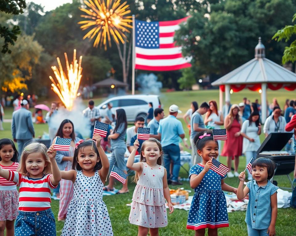 A vibrant Independence Day celebration scene in a park, featuring families and friends gathered together. In the foreground, children in red, white, and blue clothing wave miniature American flags, their faces lit with joy. In the middle ground, a diverse group of adults, dressed in modest casual clothing, set up picnic blankets and share food, with barbeque grills smoking nearby. The background showcases a large American flag proudly displayed on a gazebo, with fireworks starting to light up the twilight sky. The atmosphere is festive and uplifting, with warm, soft lighting filtering through the trees. The image captures a joyful moment, filled with laughter and community spirit, as everyone prepares for the evening's fireworks display. The composition utilizes a slightly elevated angle to capture the full vibrancy of the celebration.