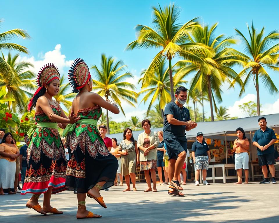A vibrant Indonesian cultural festival scene, featuring traditional dancers in colorful, ornate costumes gracefully performing against a lush tropical backdrop. In the foreground, two dancers with intricate headpieces, elaborately embroidered garments, and traditional footwear showcase traditional dance moves. The middle section captures spectators in stylish, modest casual attire, fully engaged in the performance, with expressions of joy and wonder. In the background, decorative banners and stalls selling local handicrafts can be seen under a clear blue sky, surrounded by palm trees swaying gently in the breeze. The scene is bathed in warm, golden sunlight, creating a lively and festive atmosphere, evoking the spirit of Indonesia's rich cultural heritage. The image should convey a sense of celebration and community, inviting viewers to experience the beauty of Indonesian cultural events firsthand. A vibrant Indonesian cultural festival scene, featuring traditional dancers in colorful, ornate costumes gracefully performing against a lush tropical backdrop. In the foreground, two dancers with intricate headpieces, elaborately embroidered garments, and traditional footwear showcase traditional dance moves. The middle section captures spectators in stylish, modest casual attire, fully engaged in the performance, with expressions of joy and wonder. In the background, decorative banners and stalls selling local handicrafts can be seen under a clear blue sky, surrounded by palm trees swaying gently in the breeze. The scene is bathed in warm, golden sunlight, creating a lively and festive atmosphere, evoking the spirit of Indonesia's rich cultural heritage. The image should convey a sense of celebration and community, inviting viewers to experience the beauty of Indonesian cultural events firsthand.
