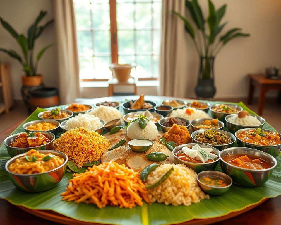 A vibrant Kerala Sadhya spread elegantly arranged on a traditional banana leaf. In the foreground, a variety of colorful vegetarian dishes including rice, sambar, avial, thoran, and payasam, arranged in small bowls. The middle section features beautifully garnished dishes with fresh coconut, green chilies, and herbs, showcasing the rich spices of Kerala cuisine. In the background, soft natural lighting filters through a window, enhancing the warm, inviting atmosphere of a traditional Kerala home. The scene is shot from a slightly elevated angle to capture the diversity of flavors and the artistry of the meal presentation. The overall mood is festive and communal, evoking the essence of Kerala's culinary heritage. No text or watermarks are present.
