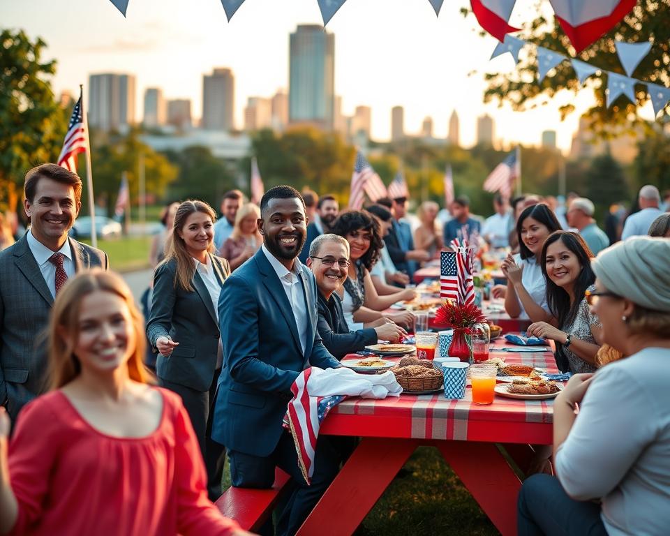 A vibrant Labor Day celebration scene in the foreground, featuring diverse individuals dressed in professional business attire and modest casual clothing, enjoying a community barbecue in a park. In the middle ground, colorful picnic tables adorned with red, white, and blue decorations are filled with food and drinks, symbolizing camaraderie and relaxation. In the background, an urban skyline can be seen, hinting at the connection between labor and city life, with American flags waving in the gentle breeze. Golden hour lighting casts a warm glow over the scene, creating an inviting and festive atmosphere. The composition should have a slight depth of field to focus on the joyful expressions of the attendees, evoking a sense of unity and celebration of workers.