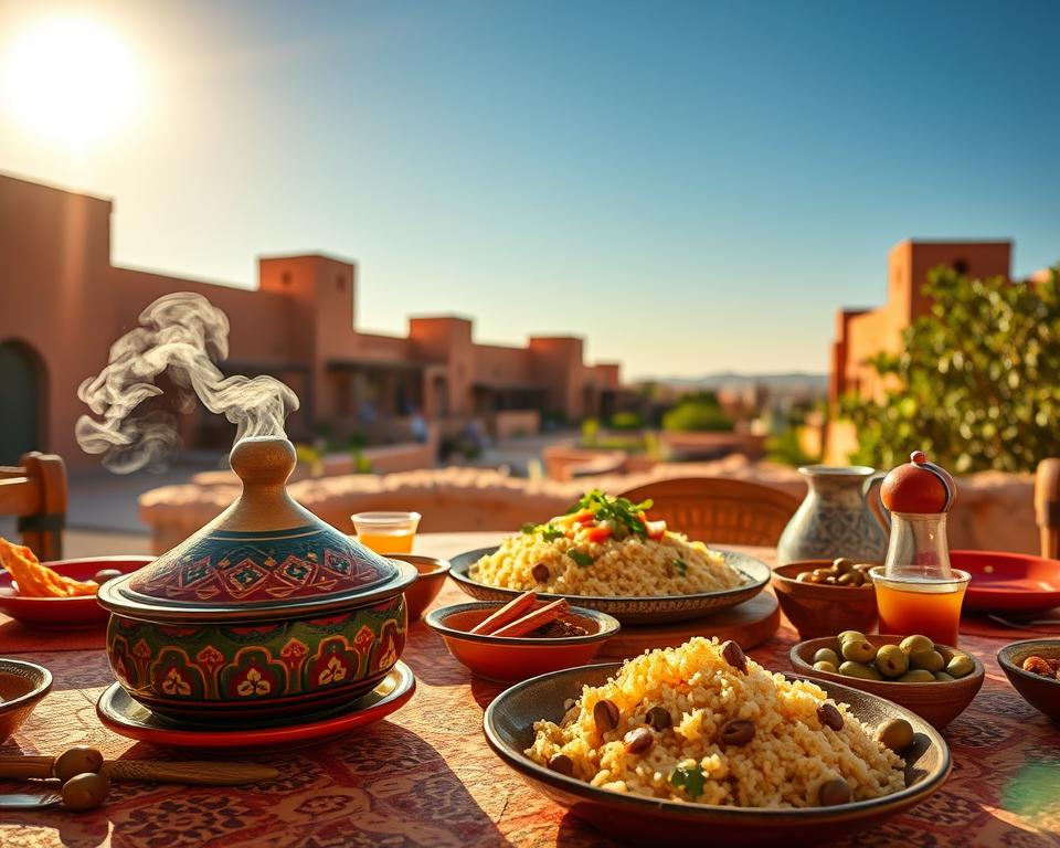 A vibrant Moroccan dining scene set in Ait Ben Haddou, showcasing a beautifully arranged table filled with traditional dishes like tagine, couscous, and fresh olives. In the foreground, focus on a colorful ceramic tagine pot, steam rising gently from the lid, surrounded by richly colored plates garnished with spices and herbs. In the middle ground, a large communal platter of steaming couscous, topped with vegetables and herbs, along with a pitcher of mint tea. The background features the iconic mud-brick architecture of Ait Ben Haddou under a clear blue sky, with warm golden light illuminating the scene at sunset, creating a cozy, inviting atmosphere. The composition should evoke a sense of cultural richness and culinary delight.