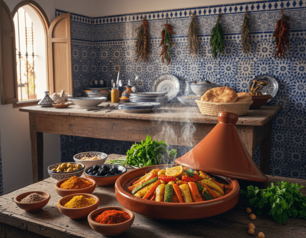 A vibrant Moroccan kitchen in Fes, showcasing traditional culinary elements. In the foreground, an intricately designed tagine pot steaming with a colorful vegetable and spice dish, surrounded by fresh ingredients like spices, olives, and herbs. The middle ground features a rustic wooden table adorned with ceramic plates and utensils, adding warmth to the scene. In the background, a beautifully tiled kitchen wall with intricate blue mosaics and hanging herbs creates an authentic Moroccan atmosphere. Soft ambient lighting from a window casts gentle shadows, enhancing the rich textures of the food and surroundings. The overall mood is inviting and flavorful, embodying the essence of Moroccan cuisine in the enchanting city of Fes.