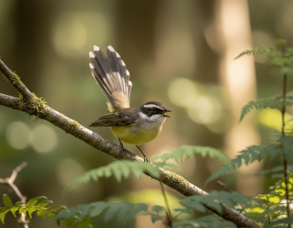 A vibrant New Zealand Fantail bird perched gracefully on a delicate branch, showcasing its distinctive fan-shaped tail spread wide, revealing intricate patterns. The foreground features the Fantail in clear focus, its plumage shimmering in shades of brown, white, and yellow, capturing the sunlight. In the middle ground, soft, leafy foliage surrounds the branch, textured with various shades of green, creating a natural habitat ambiance. The background presents a gentle blur of a serene forest scene, with dappled sunlight filtering through the trees, casting a warm glow. The overall mood is lively and cheerful, reflecting the bird's acrobatic nature as it hunts insects with agility. Use a soft-focus lens effect to emphasize the Fantail while maintaining a clear depiction of its environment.