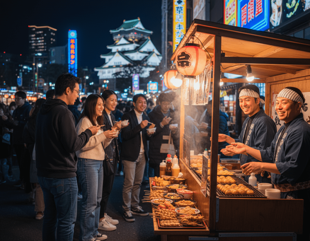 A vibrant Osaka street food scene at night, bustling with energy. In the foreground, a food stall displays a variety of colorful dishes such as takoyaki and yakitori, steam rising invitingly from the grills. Friendly vendors in traditional attire engage with customers, their smiles bright under warm, ambient lantern light. In the middle, a diverse crowd of people, clothed in modest casual wear, enjoys the street food, creating an inviting atmosphere of shared experiences. The background showcases the iconic Osaka skyline, including the Osaka Castle, illuminated against the night sky, with neon signs reflecting the lively nightlife. The scene is captured from a slightly elevated angle, with a narrow depth of field to emphasize the food and people while softly blurring the background, creating an immersive, festive mood.