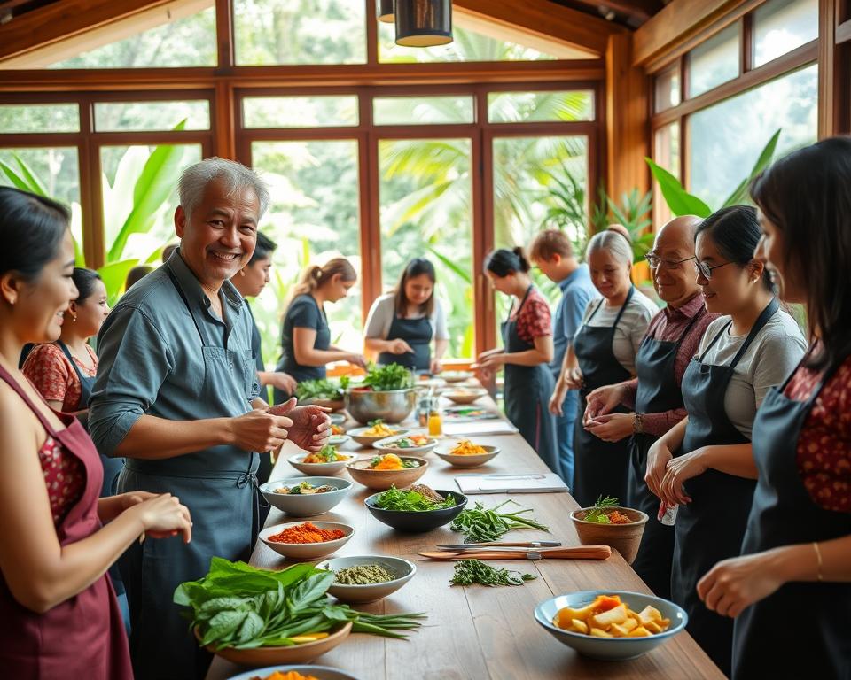 A vibrant Thai cooking class taking place in Chiang Mai, showcasing a diverse group of participants in professional, modest casual clothing. In the foreground, a smiling instructor demonstrates how to prepare traditional Thai dishes, like Pad Thai and green curry, using fresh local ingredients. The middle ground features a long wooden table filled with colorful spices, fresh herbs, and bowls of ingredients, surrounded by engaged learners, some taking notes and others cooking. In the background, large windows reveal lush tropical greenery outside, with warm sunlight streaming in, creating an inviting and lively atmosphere. The image should capture a sense of joy, cultural immersion, and culinary exploration. Shot with a warm tone, using a slightly blurred background to focus on the cooking action in the foreground. A vibrant Thai cooking class taking place in Chiang Mai, showcasing a diverse group of participants in professional, modest casual clothing. In the foreground, a smiling instructor demonstrates how to prepare traditional Thai dishes, like Pad Thai and green curry, using fresh local ingredients. The middle ground features a long wooden table filled with colorful spices, fresh herbs, and bowls of ingredients, surrounded by engaged learners, some taking notes and others cooking. In the background, large windows reveal lush tropical greenery outside, with warm sunlight streaming in, creating an inviting and lively atmosphere. The image should capture a sense of joy, cultural immersion, and culinary exploration. Shot with a warm tone, using a slightly blurred background to focus on the cooking action in the foreground.