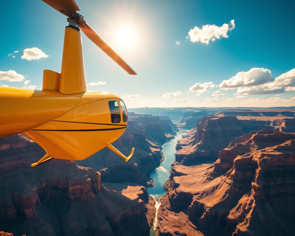 A vibrant aerial view of a bright yellow helicopter flying over the awe-inspiring Grand Canyon. In the foreground, the helicopter's rotor blades create dynamic motion, casting shadows on the aircraft's body. The middle ground showcases the intricate rock formations of the canyon, with layers of red, orange, and brown geological strata visible in the sunlight. In the background, the vast expanse of the canyon stretches into the horizon, with the Colorado River glistening beneath the sun, reflecting shades of blue and green. The sky is a brilliant azure, dotted with fluffy white clouds, conveying a sense of adventure and freedom. The scene is illuminated by golden hour lighting, creating a warm and inviting atmosphere while emphasizing the canyon's grandeur.