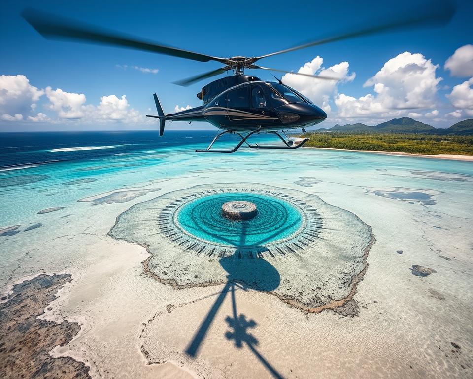A vibrant aerial view of a helicopter flying over the stunning underwater waterfall of Mauritius, capturing the mesmerizing blues and aquamarines of the water contrasting with the sandy seabed. In the foreground, the helicopter's sleek design glints in the sunlight, showcasing its rotors in motion. The middle ground features swirling water formations that create the illusion of a waterfall beneath the ocean, drawing the viewer's eye. The background fades into the lush green coastline of Mauritius, under a clear blue sky with gentle, fluffy clouds. Soft, natural lighting enhances the scene, with shadows cast gently below the helicopter, creating a dynamic and adventurous mood, ideal for a photography guide.