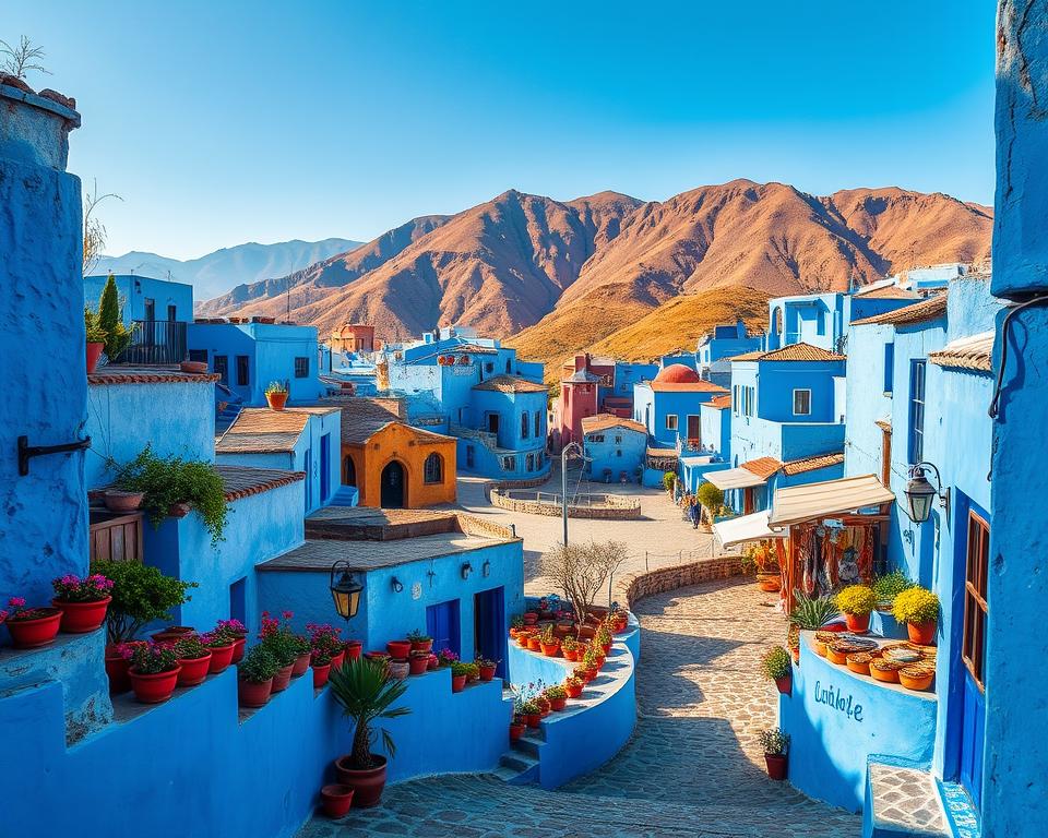 A vibrant and captivating scene of Chefchaouen, the Blue City of Morocco, showcasing its iconic blue-washed buildings nestled against the backdrop of the Rif Mountains. In the foreground, narrow cobbled streets wind through the town, adorned with brightly colored flower pots and lamps, inviting viewers to explore. The middle ground features charming plazas filled with local artisans and market stalls displaying handicrafts. In the background, the rugged, green-topped mountains loom under a clear blue sky, with soft afternoon sunlight casting warm shadows. Capture the essence of Moroccan culture and the serene atmosphere of this enchanting town. Use a wide-angle lens to enhance the depth of the scene and create an inviting, tranquil mood, perfect for travel enthusiasts and adventurers.