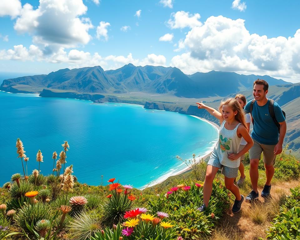 A vibrant and cheerful scene on Madeira, showcasing a family engaging in various outdoor activities suitable for children of all ages. In the foreground, a joyful family with two children, dressed in comfortable, modest summer clothing, are hiking along a lush, green trail lined with colorful flowers. The children are excitedly pointing at exotic plants. In the middle ground, a stunning view of the rugged coastline and crystal-clear waters of the Atlantic Ocean can be seen, with gentle waves lapping at the shore. In the background, majestic mountains under a bright blue sky filled with fluffy white clouds capture the essence of Madeira's natural beauty. The atmosphere is joyful and adventurous, with warm sunlight illuminating the scene, creating a sense of happiness and exploration. This composition should evoke a feeling of family bonding and discovery in a stunning outdoor setting.