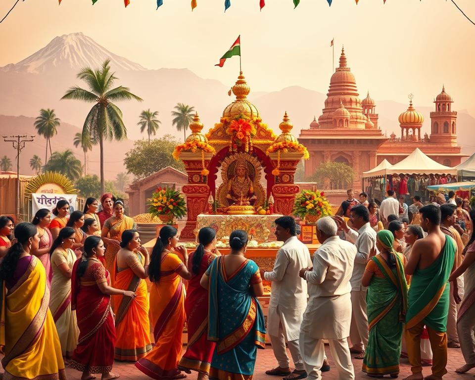 A vibrant and colorful depiction of regional celebrations in India, showcasing the diverse traditions from North, South, East, and West. In the foreground, groups of people wearing traditional attire, such as sarees for women and kurta-pajama for men, engage in dance and rituals. The middle ground features beautifully decorated altars with flowers, fruits, and candles, symbolizing various festivals. The background showcases iconic Indian landscapes, with the majestic Himalayas in the North, lush palm trees in the South, serene temples in the East, and vibrant markets in the West. Soft, warm lighting creates a joyful and festive atmosphere, capturing the essence of celebration. The angle is slightly elevated, allowing viewers to take in the lively interactions and intricate details of the festivities.