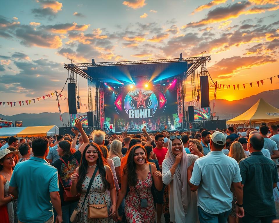 A vibrant and colorful scene capturing the essence of a grand music festival. In the foreground, a diverse group of festival-goers, dressed in stylish yet modest clothing, joyfully engaging with one another, embodying excitement and camaraderie. In the middle, a large stage showcasing a live band, with dynamic lighting effects illuminating the performers and the crowd, creating an electric atmosphere. Surrounding the stage, festive decorations and food stalls, adding to the lively environment. The background features a scenic sunset, bathing the entire scene in warm golden hues, symbolizing the joy of togetherness at a festival. The image should evoke feelings of celebration and community, with a soft focus on the background, highlighting the joyous activities in the foreground. A vibrant and colorful scene capturing the essence of a grand music festival. In the foreground, a diverse group of festival-goers, dressed in stylish yet modest clothing, joyfully engaging with one another, embodying excitement and camaraderie. In the middle, a large stage showcasing a live band, with dynamic lighting effects illuminating the performers and the crowd, creating an electric atmosphere. Surrounding the stage, festive decorations and food stalls, adding to the lively environment. The background features a scenic sunset, bathing the entire scene in warm golden hues, symbolizing the joy of togetherness at a festival. The image should evoke feelings of celebration and community, with a soft focus on the background, highlighting the joyous activities in the foreground.