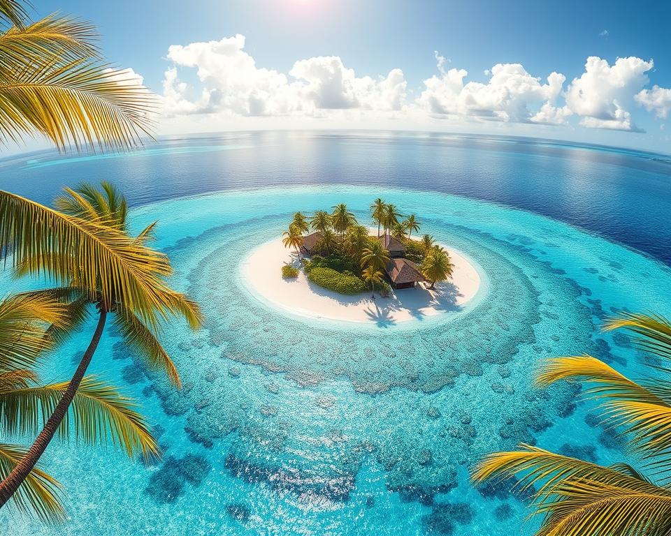 A vibrant and detailed depiction of an "Entstehung Atoll" in the South Pacific, showcasing the unique geological structure of a coral island. In the foreground, gently swaying palm trees reveal their lush green fronds contrasting against the bright turquoise waters. The middle of the scene highlights the atoll's circular formation with intricate coral reefs visible beneath the clear surface, surrounded by white sandy beaches. In the background, soft white clouds drift across a brilliant blue sky, with the sunlight casting warm golden rays, creating a serene and inviting atmosphere. Capture this scene from a slightly elevated angle, resembling an aerial view, to emphasize the unique shape and vibrant colors, reflecting the peaceful yet dynamic nature of oceanic geography.
