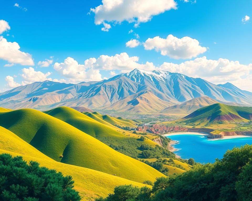 A vibrant and detailed illustration showcasing the regional climate differences in Albania. In the foreground, capture lush green hills of the Albanian Alps under a bright blue sky with fluffy white clouds, symbolizing cooler temperatures. In the middle ground, depict the undulating landscapes of the Mediterranean coast with warm, golden beaches and a sunlit sea, illustrating milder coastal climates. In the background, visualize a dramatic mountain range with snow-capped peaks representing high-altitude climate zones. The lighting is warm and inviting, with a slight golden hue indicating a sunny day. Use a wide-angle perspective to encompass the diverse landscapes, blending the colors of nature to emphasize the contrasts in climate. The mood is bright and serene, reflecting the natural beauty and climatic variety of Albania. A vibrant and detailed illustration showcasing the regional climate differences in Albania. In the foreground, capture lush green hills of the Albanian Alps under a bright blue sky with fluffy white clouds, symbolizing cooler temperatures. In the middle ground, depict the undulating landscapes of the Mediterranean coast with warm, golden beaches and a sunlit sea, illustrating milder coastal climates. In the background, visualize a dramatic mountain range with snow-capped peaks representing high-altitude climate zones. The lighting is warm and inviting, with a slight golden hue indicating a sunny day. Use a wide-angle perspective to encompass the diverse landscapes, blending the colors of nature to emphasize the contrasts in climate. The mood is bright and serene, reflecting the natural beauty and climatic variety of Albania.
