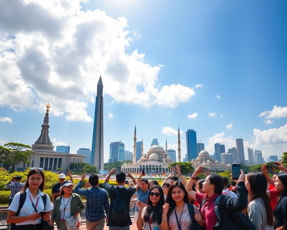 A vibrant and detailed scene showcasing the iconic landmarks of Jakarta, Indonesia, arranged as a stylish travel bucket list. In the foreground, a diverse group of tourists, dressed in smart casual attire, enthusiastically taking pictures with their smartphones. The middle ground features renowned attractions like the National Monument (Monas) and Istiqlal Mosque, depicted with clarity and rich colors, surrounded by lush greenery. The background includes a picturesque skyline of modern skyscrapers under a bright blue sky with soft, fluffy clouds. The scene is illuminated by warm, natural sunlight creating a cheerful and inviting atmosphere, shot from a slightly elevated angle to emphasize the vibrant energy of Jakarta's cultural highlights.