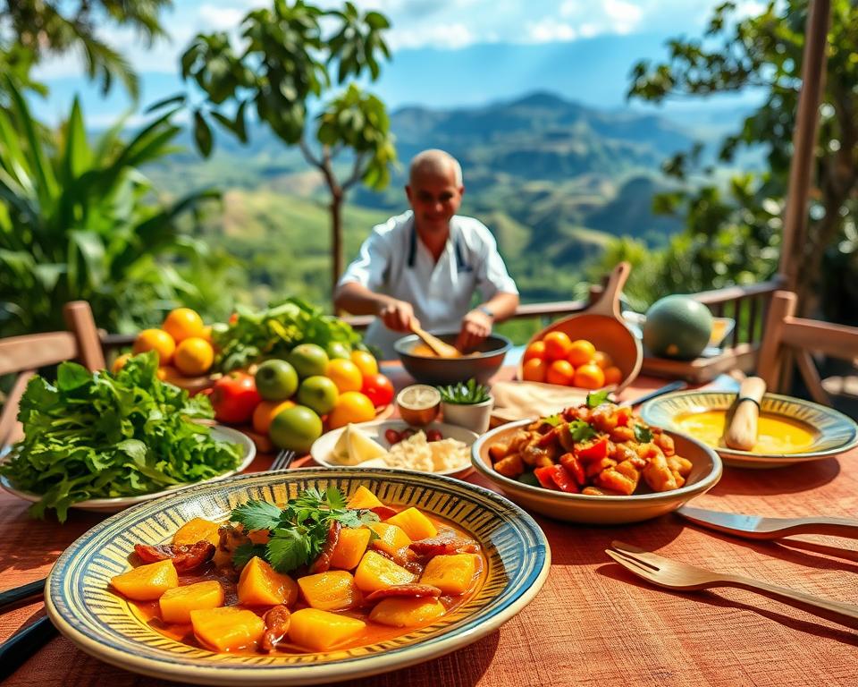 A vibrant and detailed table setting showcasing "Gastronomie Bahia" in the foreground, featuring a traditional Brazilian dish like moqueca, elegantly presented with fresh ingredients like peppers, cilantro, and lime. Include colorful plates and rustic wooden utensils to enhance the local feel. In the middle ground, a friendly local chef in modest casual attire is preparing a dish, surrounded by an array of fresh fruits and vegetables typical of Bahia. In the background, lush greenery and a glimpse of the Chapada Diamantina landscape set a scenic backdrop, infused with warm and inviting sunlight. The atmosphere should feel lively and inviting, celebrating the rich culture and culinary heritage of the region. Use a warm color palette to evoke the flavors and warmth of Bahian cuisine.