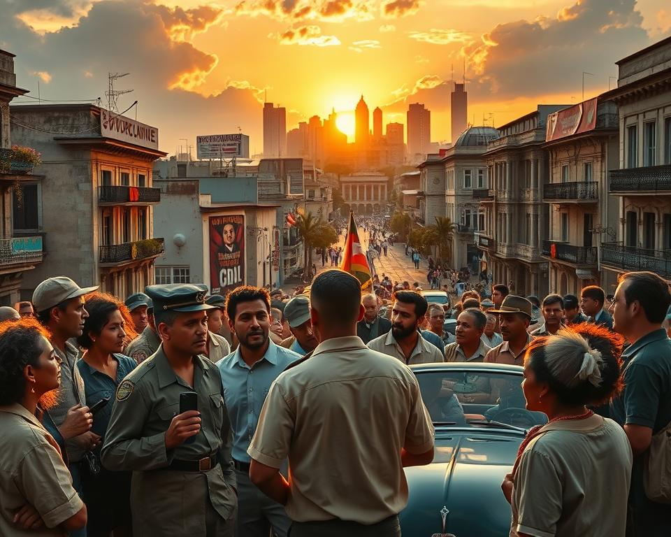 A vibrant and dynamic depiction of the Cuban Revolution in 1959, focusing on a bustling urban scene in Havana. In the foreground, a group of diverse, determined revolutionaries in modest, period-appropriate clothing passionately discussing their plans. The middle ground features classic mid-20th century buildings adorned with posters, reflecting the fervor of revolutionary sentiment. A vintage car from the era adds authenticity. The background showcases the iconic skyline of Havana under a dramatic sunset, casting warm golden and orange hues that create a sense of urgency and hope. The atmosphere is charged with energy and determination, capturing the pivotal moment of change in Cuba’s history. The scene is illuminated by soft, natural light, with a focus on depth and clarity, emphasizing the emotions of the figures in the foreground.