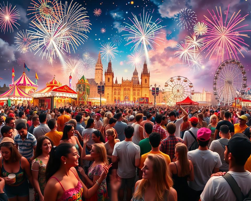 A vibrant and dynamic overview of the world’s largest festivals, illustrating a lively scene filled with joyful festival-goers. In the foreground, people of diverse backgrounds wearing colorful clothing engage in various activities, such as dancing, enjoying local cuisine, and celebrating together. The middle ground features iconic elements from festivals like Carnival in Rio de Janeiro, Oktoberfest in Munich, and Holi in India, with colorful decorations, traditional costumes, and themed attractions vividly displayed. The background showcases a spectacular sky filled with fireworks and a festive atmosphere, with twinkling lights and silhouettes of fair rides. The lighting is bright and cheerful, capturing the essence of celebration. The angle is slightly elevated, providing a panoramic view that conveys excitement and joy, immersing viewers in the spirit of global festivities. A vibrant and dynamic overview of the world’s largest festivals, illustrating a lively scene filled with joyful festival-goers. In the foreground, people of diverse backgrounds wearing colorful clothing engage in various activities, such as dancing, enjoying local cuisine, and celebrating together. The middle ground features iconic elements from festivals like Carnival in Rio de Janeiro, Oktoberfest in Munich, and Holi in India, with colorful decorations, traditional costumes, and themed attractions vividly displayed. The background showcases a spectacular sky filled with fireworks and a festive atmosphere, with twinkling lights and silhouettes of fair rides. The lighting is bright and cheerful, capturing the essence of celebration. The angle is slightly elevated, providing a panoramic view that conveys excitement and joy, immersing viewers in the spirit of global festivities.