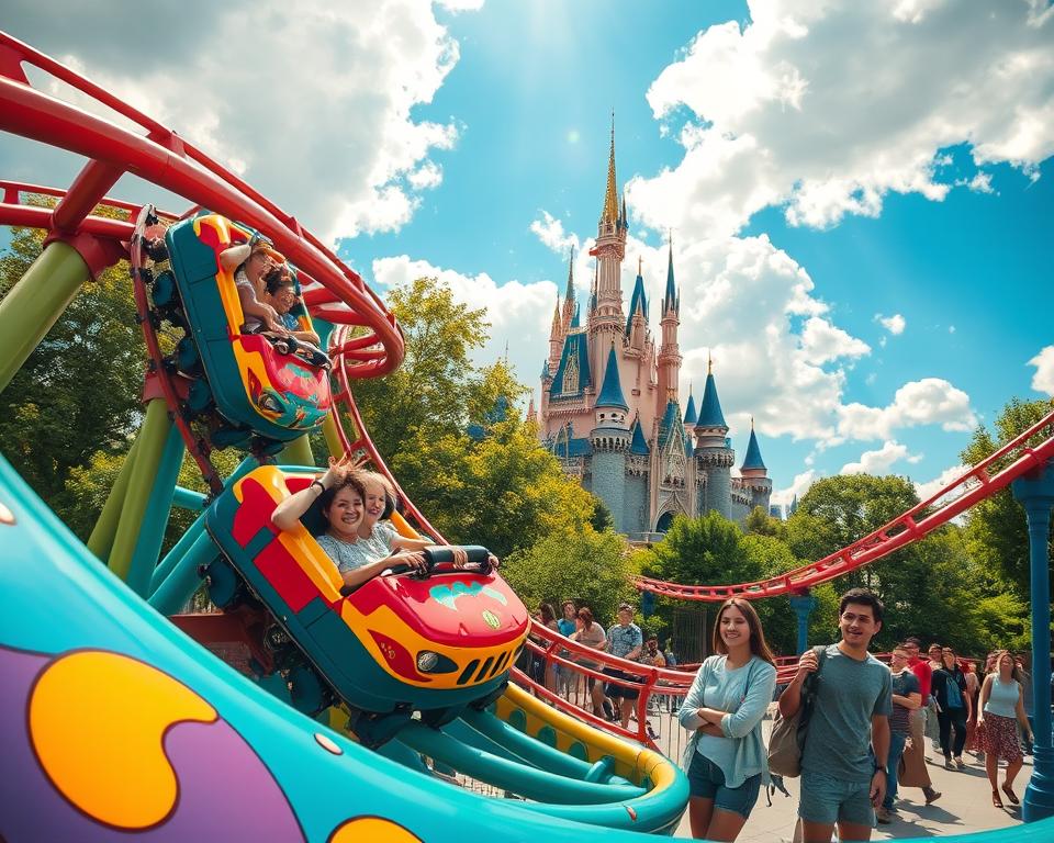 A vibrant and dynamic scene capturing the thrilling roller coasters of Disneyland Paris, designed to evoke excitement and adventure. In the foreground, a dizzying roller coaster twists and loops, with colorful cars filled with excited riders, their expressions full of joy and thrill. In the middle ground, the iconic Sleeping Beauty Castle looms majestically, adding a touch of magic to the scene, surrounded by lush trees and cheerful park-goers in casual attire. The background features the bright blue sky accentuated by fluffy white clouds, with rays of sunlight illuminating the attractions. The atmosphere is lively and exhilarating, perfectly representing the thrill rides and adventurous spirit of Disneyland Paris. Use a wide-angle lens perspective to emphasize the scale and excitement of the rides, enhanced by vibrant colors and high contrast for an engaging visual impact. A vibrant and dynamic scene capturing the thrilling roller coasters of Disneyland Paris, designed to evoke excitement and adventure. In the foreground, a dizzying roller coaster twists and loops, with colorful cars filled with excited riders, their expressions full of joy and thrill. In the middle ground, the iconic Sleeping Beauty Castle looms majestically, adding a touch of magic to the scene, surrounded by lush trees and cheerful park-goers in casual attire. The background features the bright blue sky accentuated by fluffy white clouds, with rays of sunlight illuminating the attractions. The atmosphere is lively and exhilarating, perfectly representing the thrill rides and adventurous spirit of Disneyland Paris. Use a wide-angle lens perspective to emphasize the scale and excitement of the rides, enhanced by vibrant colors and high contrast for an engaging visual impact.