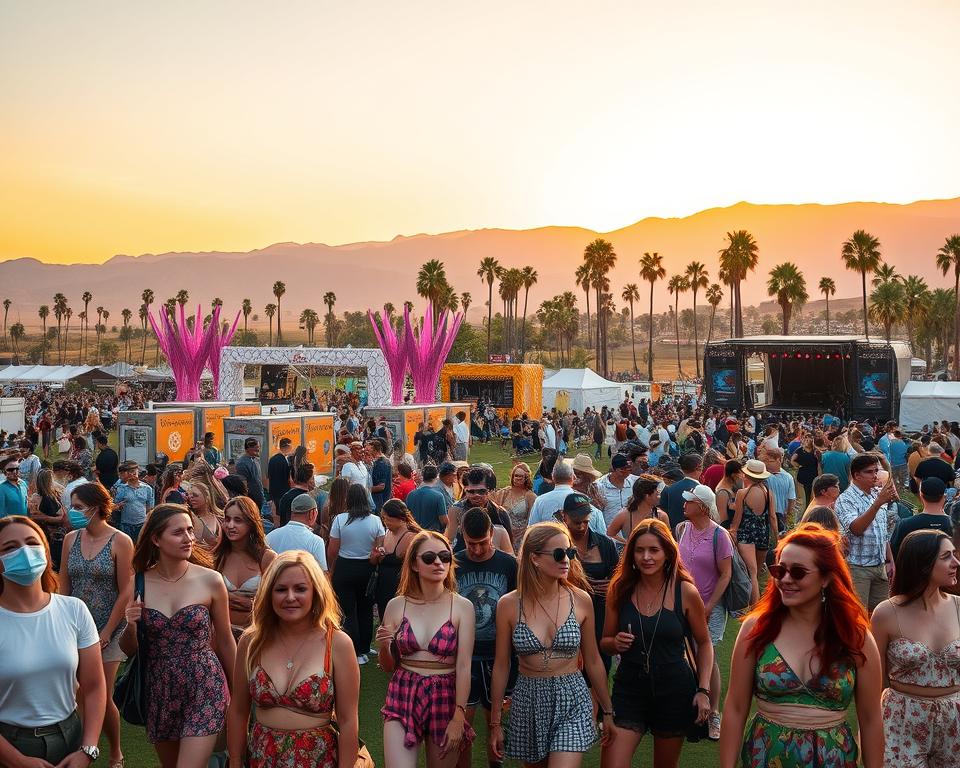A vibrant and energetic scene capturing the essence of the Coachella Festival in California. In the foreground, diverse festival-goers dressed in colorful, modest casual clothing enjoy the festivities, showcasing eclectic fashion styles and accessories. In the middle, eye-catching art installations and interactive exhibits add a creative flair, surrounded by food stalls and musicians performing live. In the background, the iconic palm trees and distant mountains set against a brilliant sunset sky, bathed in warm golden hues, enhancing the festive atmosphere. The lighting is soft yet vibrant, creating a lively mood. The angle is slightly elevated, capturing the bustling crowd and the immersive environment of this trendsetting festival. A vibrant and energetic scene capturing the essence of the Coachella Festival in California. In the foreground, diverse festival-goers dressed in colorful, modest casual clothing enjoy the festivities, showcasing eclectic fashion styles and accessories. In the middle, eye-catching art installations and interactive exhibits add a creative flair, surrounded by food stalls and musicians performing live. In the background, the iconic palm trees and distant mountains set against a brilliant sunset sky, bathed in warm golden hues, enhancing the festive atmosphere. The lighting is soft yet vibrant, creating a lively mood. The angle is slightly elevated, capturing the bustling crowd and the immersive environment of this trendsetting festival.