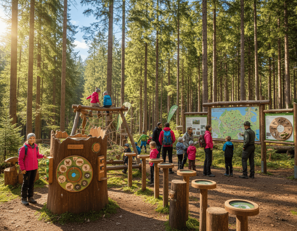 A vibrant and engaging scene depicting "Interaktive Waldstationen Farchant" in a beautiful forest setting. In the foreground, a variety of interactive stations designed for both children and adults, featuring educational displays about local flora and fauna, alongside playful installations like a nature-themed climbing structure. The middle ground showcases families exploring the stations, with children pointing at colorful maps and adults reading informative panels, all dressed in casual, nature-friendly attire. The background is filled with tall, lush trees under a clear blue sky, dappled sunlight filtering through the leaves, creating a warm and inviting atmosphere. The angle captures the stations at eye level, emphasizing a welcoming and immersive experience in nature.