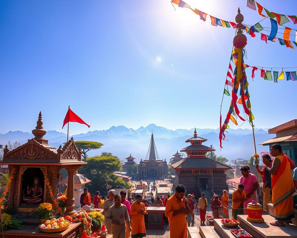 A vibrant and intricate scene depicting Hinduism in Nepal, emphasizing the divine and cultural richness. In the foreground, a colorful shrine adorned with flowers and offerings, featuring intricate carvings of Hindu deities like Shiva and Durga. Devotees in modest, traditional attire, engaging in rituals with incense and prayer flags fluttering in the breeze. In the middle ground, a bustling temple complex surrounded by lush greenery and sacred trees, with the majestic Himalayan mountains looming in the distance. The background showcases a clear blue sky with soft, golden sunlight filtering through, casting a warm glow on the scene. The atmosphere is lively and spiritual, reflecting the deep reverence and vibrant traditions of Hindu worship in Nepal. A vibrant and intricate scene depicting Hinduism in Nepal, emphasizing the divine and cultural richness. In the foreground, a colorful shrine adorned with flowers and offerings, featuring intricate carvings of Hindu deities like Shiva and Durga. Devotees in modest, traditional attire, engaging in rituals with incense and prayer flags fluttering in the breeze. In the middle ground, a bustling temple complex surrounded by lush greenery and sacred trees, with the majestic Himalayan mountains looming in the distance. The background showcases a clear blue sky with soft, golden sunlight filtering through, casting a warm glow on the scene. The atmosphere is lively and spiritual, reflecting the deep reverence and vibrant traditions of Hindu worship in Nepal.