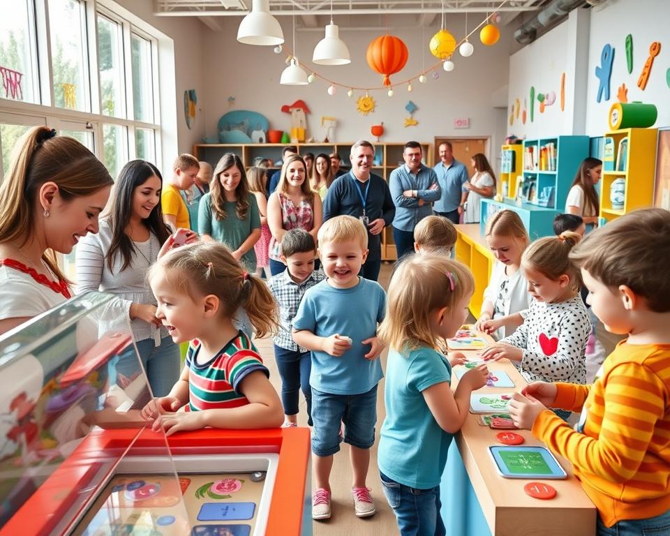 A vibrant and inviting "Kinderprogramm Museum" scene, illustrating families and children engaged in hands-on learning activities. In the foreground, children are interacting with interactive exhibits, laughing and exploring educational tools. They wear colorful, casual clothing, showcasing an atmosphere of joy and curiosity. The middle ground features a group of parents observing, some taking pictures, while others participate in the activities, fostering a sense of community and togetherness. The background reveals a charming museum interior, decorated with playful colors and whimsical art, with large windows allowing natural light to flood the space, enhancing the cheerful atmosphere. The scene is bright and airy, evoking a sense of wonder and discovery, captured with a slight angle from the left to convey depth.