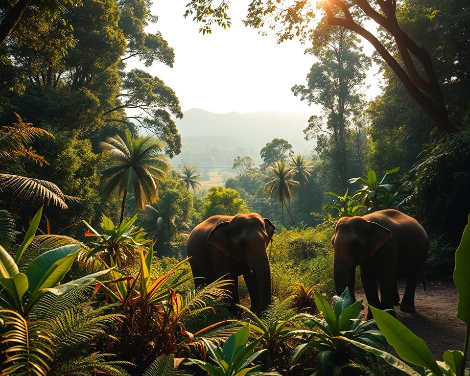 A vibrant and lush Sumatran rainforest scene showcasing a small herd of majestic Asian elephants in their natural habitat. In the foreground, two elephants playfully interact, their textures and details highlighted by soft dappled sunlight filtering through the dense canopy above. The middle ground features a rich variety of tropical plants, ferns, and trees, emphasizing the biodiversity of the region. In the background, a misty view of distant mountains merges with the thick foliage, hinting at the wilderness. The atmosphere is serene yet vibrant, capturing the essence of life in the rainforest. Use a wide-angle lens perspective to enhance the sense of space, and incorporate warm, golden lighting to evoke a peaceful mood without any human presence or distractions. A vibrant and lush Sumatran rainforest scene showcasing a small herd of majestic Asian elephants in their natural habitat. In the foreground, two elephants playfully interact, their textures and details highlighted by soft dappled sunlight filtering through the dense canopy above. The middle ground features a rich variety of tropical plants, ferns, and trees, emphasizing the biodiversity of the region. In the background, a misty view of distant mountains merges with the thick foliage, hinting at the wilderness. The atmosphere is serene yet vibrant, capturing the essence of life in the rainforest. Use a wide-angle lens perspective to enhance the sense of space, and incorporate warm, golden lighting to evoke a peaceful mood without any human presence or distractions.