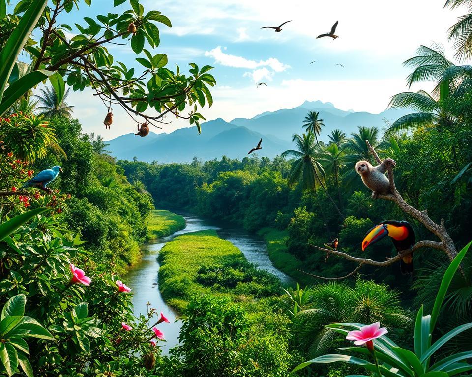 A vibrant and lush landscape of Tortuguero National Park in Costa Rica, showcasing the best travel time with a focus on weather, rainy season, and wildlife observation. In the foreground, depict a serene river winding through dense, emerald green vegetation, dotted with tropical flowers. The middle ground features diverse wildlife such as playful monkeys swinging from trees, a sloth climbing slowly, and colorful toucans perched on branches. The background reveals misty mountains under a partially cloudy sky with soft sunlight filtering through, creating a warm and inviting atmosphere. Use a wide-angle lens to capture the expansive scenery, emphasizing the rich textures of the foliage and the glistening water. The image should evoke a sense of adventure and tranquility, perfect for nature enthusiasts and travelers.