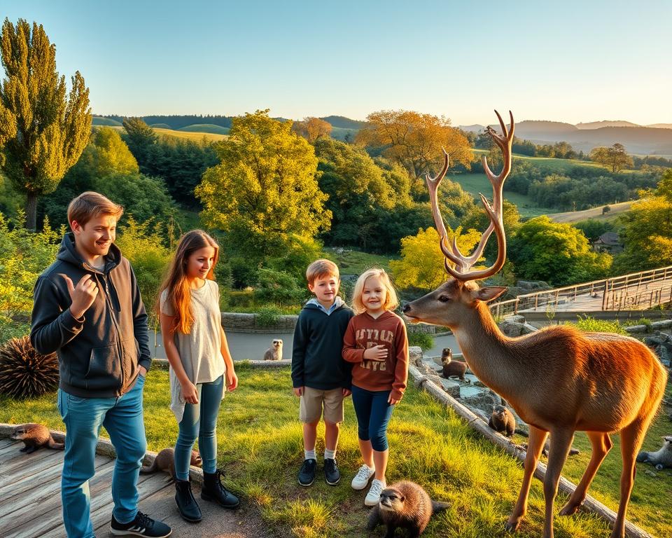 A vibrant and lush wildlife park scene showcasing Wildtierpark Tripsdrill in Germany. In the foreground, a family of four, dressed in modest casual clothing, marvels at a majestic deer grazing nearby. The middle ground features a diverse range of wildlife, including playful otters and colorful birds, set against a backdrop of dense, green trees and natural habitats. The background showcases scenic rolling hills and a clear blue sky, creating a sense of tranquility and immersion in nature. The lighting is warm and inviting, suggesting either a golden hour sunset or the gentle light of a sunny day. The perspective is slightly elevated, capturing both the wildlife and the delighted expressions of the family, conveying a joyful atmosphere full of discovery and connection to nature. A vibrant and lush wildlife park scene showcasing Wildtierpark Tripsdrill in Germany. In the foreground, a family of four, dressed in modest casual clothing, marvels at a majestic deer grazing nearby. The middle ground features a diverse range of wildlife, including playful otters and colorful birds, set against a backdrop of dense, green trees and natural habitats. The background showcases scenic rolling hills and a clear blue sky, creating a sense of tranquility and immersion in nature. The lighting is warm and inviting, suggesting either a golden hour sunset or the gentle light of a sunny day. The perspective is slightly elevated, capturing both the wildlife and the delighted expressions of the family, conveying a joyful atmosphere full of discovery and connection to nature.