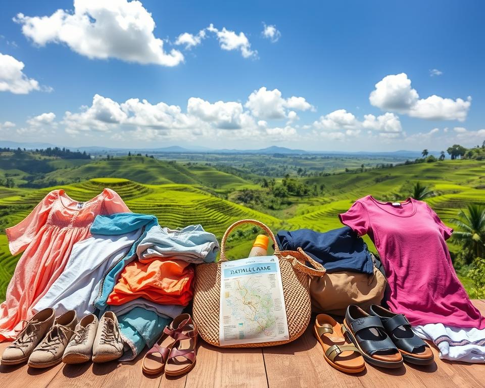 A vibrant and picturesque packing list scene for Jatiluwih, Bali, showcasing essential clothing, shoes, and travel items. In the foreground, a neatly arranged assortment of lightweight, breathable clothing such as airy dresses, shorts, and t-shirts, alongside durable hiking shoes and sandals. The middle ground features a woven straw bag filled with sunblock, a reusable water bottle, and a map of Jatiluwih's rice terraces. In the background, the stunning green rice paddies of Jatiluwih stretch under a bright blue sky, with fluffy white clouds softly scattered above. The lighting is bright and cheerful, capturing the essence of a sunny day in Bali, creating a warm and inviting atmosphere. The angle is slightly elevated, providing a comprehensive view of the packing essentials against the breathtaking natural beauty.