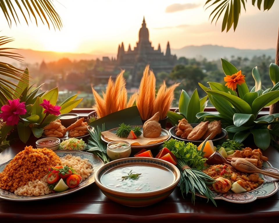 A vibrant and richly arranged traditional Javanese meal displayed on a beautifully decorated wooden table, surrounded by lush tropical plants. In the foreground, various colorful dishes such as Nasi Goreng (fried rice), Sate Ayam (chicken satay), and Gado-Gado (vegetable salad with peanut sauce) are artistically presented on ornate platters. The middle ground features a steaming bowl of Soto (Javanese soup) alongside banana leaves and an array of fresh herbs, adding depth to the composition. In the background, the majestic silhouette of the Borobudur Temple can be seen against a warm sunset sky, casting a serene ambiance. Soft, golden lighting enhances the rich colors of the food, creating a welcoming and inviting atmosphere that embodies Javanese culinary experiences. A vibrant and richly arranged traditional Javanese meal displayed on a beautifully decorated wooden table, surrounded by lush tropical plants. In the foreground, various colorful dishes such as Nasi Goreng (fried rice), Sate Ayam (chicken satay), and Gado-Gado (vegetable salad with peanut sauce) are artistically presented on ornate platters. The middle ground features a steaming bowl of Soto (Javanese soup) alongside banana leaves and an array of fresh herbs, adding depth to the composition. In the background, the majestic silhouette of the Borobudur Temple can be seen against a warm sunset sky, casting a serene ambiance. Soft, golden lighting enhances the rich colors of the food, creating a welcoming and inviting atmosphere that embodies Javanese culinary experiences.