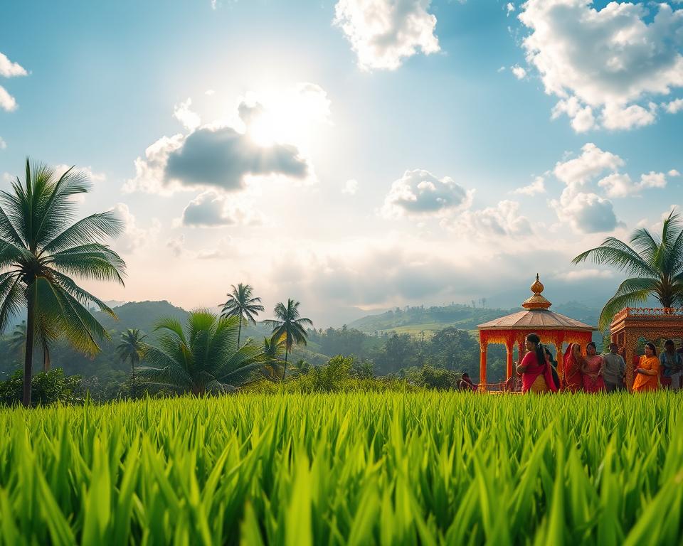 A vibrant and scenic landscape depicting South India during the ideal travel season. In the foreground, lush green rice paddies framed by palm trees, hinting at a rich harvest season. The middle ground features a colorful festival scene with locals dressed in traditional attire, celebrating with joyful expressions and ornate decorations. In the background, a gentle mist rises over rolling hills, with soft sunlight breaking through, casting a warm golden glow. The sky is a brilliant blue with fluffy white clouds, evoking a feeling of tranquility and happiness. Shot with a wide-angle lens, the image captures the depth and beauty of South India’s diverse environment, inviting viewers to experience its unique weather patterns and festive culture during the best travel time.