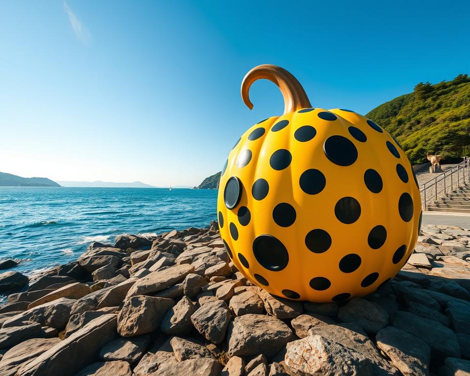 A vibrant and stunning outdoor scene featuring the iconic Naoshima Kürbis, a large, polka-dotted pumpkin sculpture by Yayoi Kusama, positioned prominently in the foreground on the rocky coastline of Naoshima Island. The pumpkin is painted in bright yellow with bold black dots, capturing the sunlight and casting playful shadows. In the middle ground, the gentle waves of the Seto Inland Sea are visible, reflecting the clear blue sky. In the background, lush green hills rise up, dotted with other contemporary art pieces and trees. The scene is bathed in warm, golden hour light, creating a serene and inviting atmosphere. The angle captures the sculpture from a slightly low perspective, emphasizing its grandeur against the scenic backdrop, inviting viewers to explore the artistic and natural beauty of Naoshima Island.