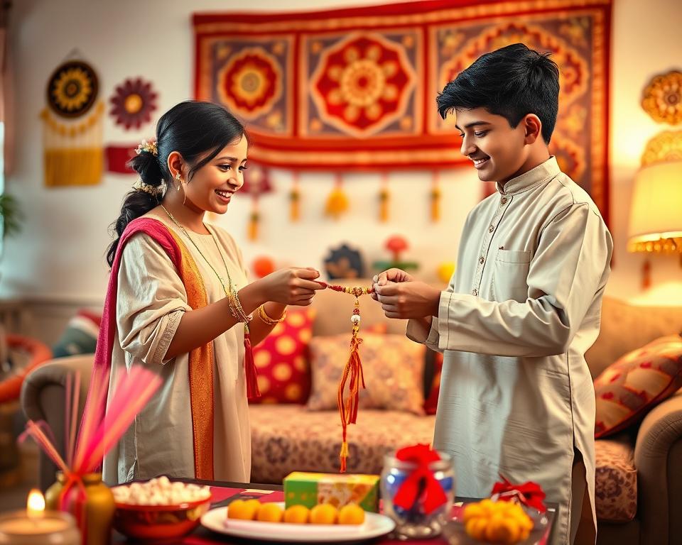 A vibrant and warm scene depicting the celebration of Raksha Bandhan, set in a cozy living room filled with festive decorations. In the foreground, a brother and sister joyfully exchange colorful rakhi threads, the sister wearing a modest ethnic outfit and the brother in a light kurta. The middle ground showcases a beautifully arranged festive table adorned with sweets, traditional attire, and gifts wrapped with ribbons. The background features intricate patterns of wall hangings and warm, soft lighting that creates a cheerful and inviting atmosphere. Capture the emotion of love and sibling bonding, highlighting the significance of the celebration, with a slightly blurred depth of field to focus on the siblings' expressions. Aim for soft natural lighting, reminiscent of a late afternoon glow, to enhance the joyful mood of togetherness and tradition.