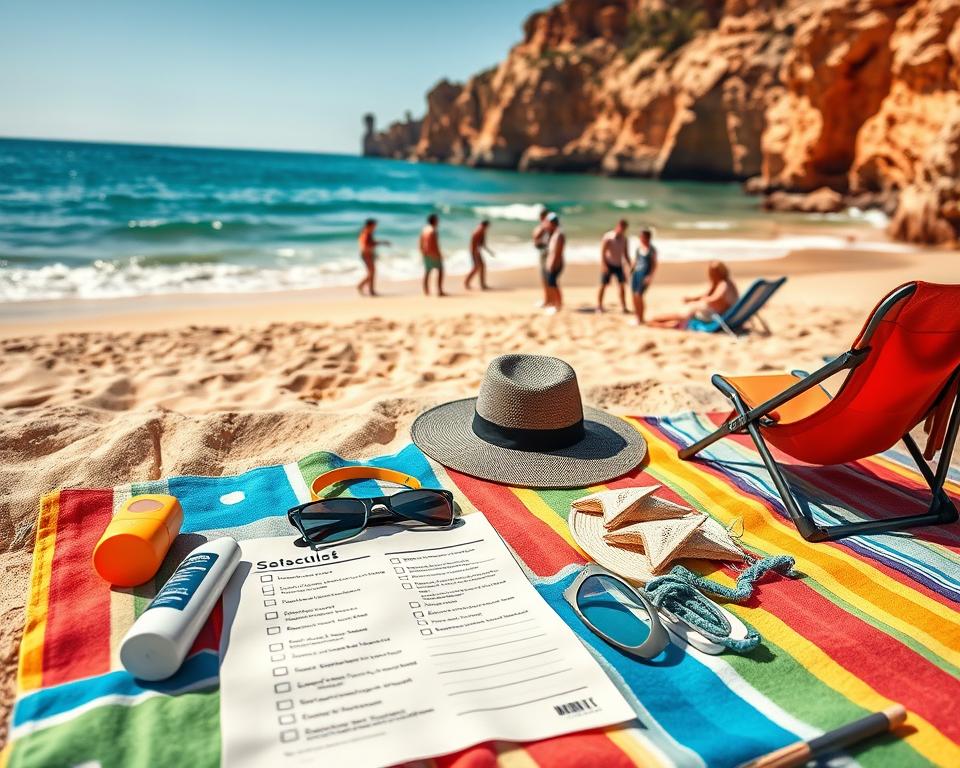 A vibrant beach scene at Praia da Falesia, Portugal, capturing an idyllic, sun-kissed shoreline. In the foreground, an organized beach checklist laid on a colorful beach towel, featuring essentials like sunscreen, a water bottle, sunglasses, a hat, and a folding chair. In the middle ground, family and friends enjoying a fun beach day, dressed in modest casual clothing, playing beach volleyball and building a sandcastle. The background features dramatic red cliffs contrasting with the gentle turquoise waves lapping at the shore. The lighting is warm and bright, emphasizing the cheerful atmosphere, with soft shadows enhancing the textures of the sand and towel. The overall mood is relaxed and joyful, perfect for a day at the beach.