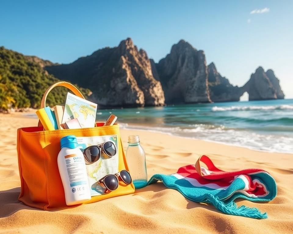 A vibrant beach scene illustrating a travel checklist for visiting Diamond Beach, Nusa Penida. In the foreground, a neatly arranged beach bag filled with essentials like sunscreen, a map, sunglasses, a water bottle, and a towel, all bathed in warm sunlight. The middle ground features soft, golden sands with the gentle waves lapping the shore, creating a serene atmosphere. In the background, the iconic cliffs of Diamond Beach tower majestically, surrounded by lush greenery under a clear blue sky. The scene captures a feeling of anticipation and adventure, with bright colors and a sunny, cheerful mood. The composition should have a slight upward angle to emphasize the majestic cliffs while maintaining a clear focus on the beach essentials. Natural light enhances the inviting beach ambiance.