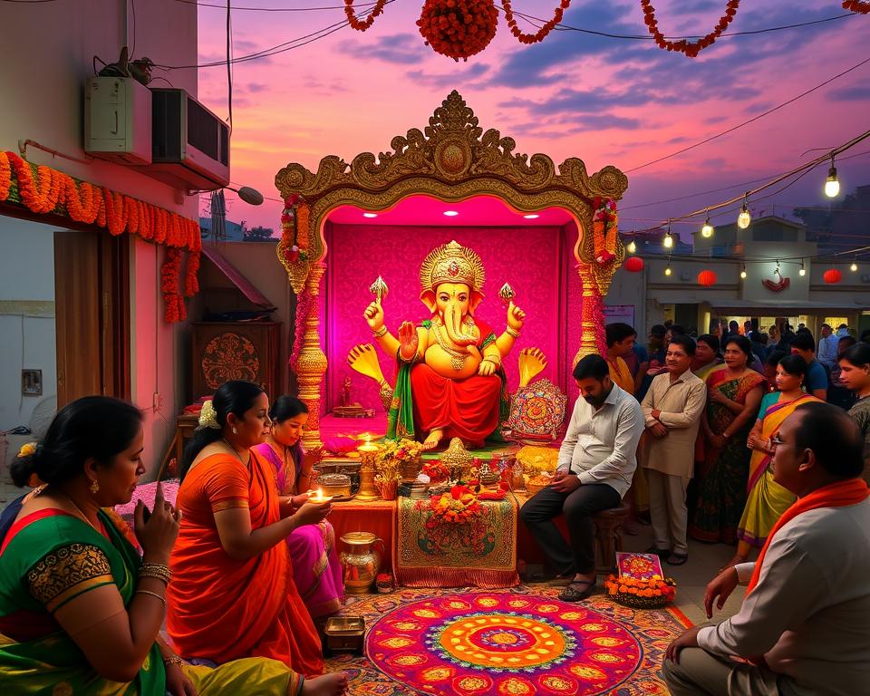 A vibrant celebration of Ganesh Chaturthi: a beautifully decorated home altar featuring a large, colorful idol of Lord Ganesha surrounded by fragrant flowers, marigold garlands, and traditional offerings like sweets and coconut. In the foreground, devotees dressed in traditional Indian attire—women in sarees and men in kurta—are engaged in worship, their faces illuminated by the warm glow of lamps. The middle ground shows a richly adorned mandap (canopy) with intricate patterns, colorful rangoli designs on the floor, and people singing and dancing joyfully. The background depicts a festive environment, complete with strings of lights and festive decorations, under a twilight sky filled with soft, warm hues. Capture the joyous and spiritual essence of this festival with warm, inviting lighting and a sense of community.