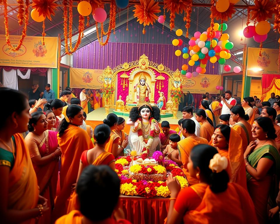 A vibrant celebration of Janmashtami, capturing a festive scene in a traditional Indian setting. In the foreground, a decorated idol of Lord Krishna surrounded by colorful flowers and sweets, with devotees dressed in modest traditional attire, joyfully participating in the festivities. The middle ground features a beautifully adorned stage with religious decorations and hanging lights. In the background, a lively crowd, with families enjoying the celebration, and colorful balloons floating in the sky. The scene is illuminated by warm, golden light, creating a joyous and spiritual atmosphere. The perspective is slightly angled, resembling a dynamic view, emphasizing the energy of the celebration. The overall mood is one of excitement, devotion, and community spirit, embodying the essence of Janmashtami.