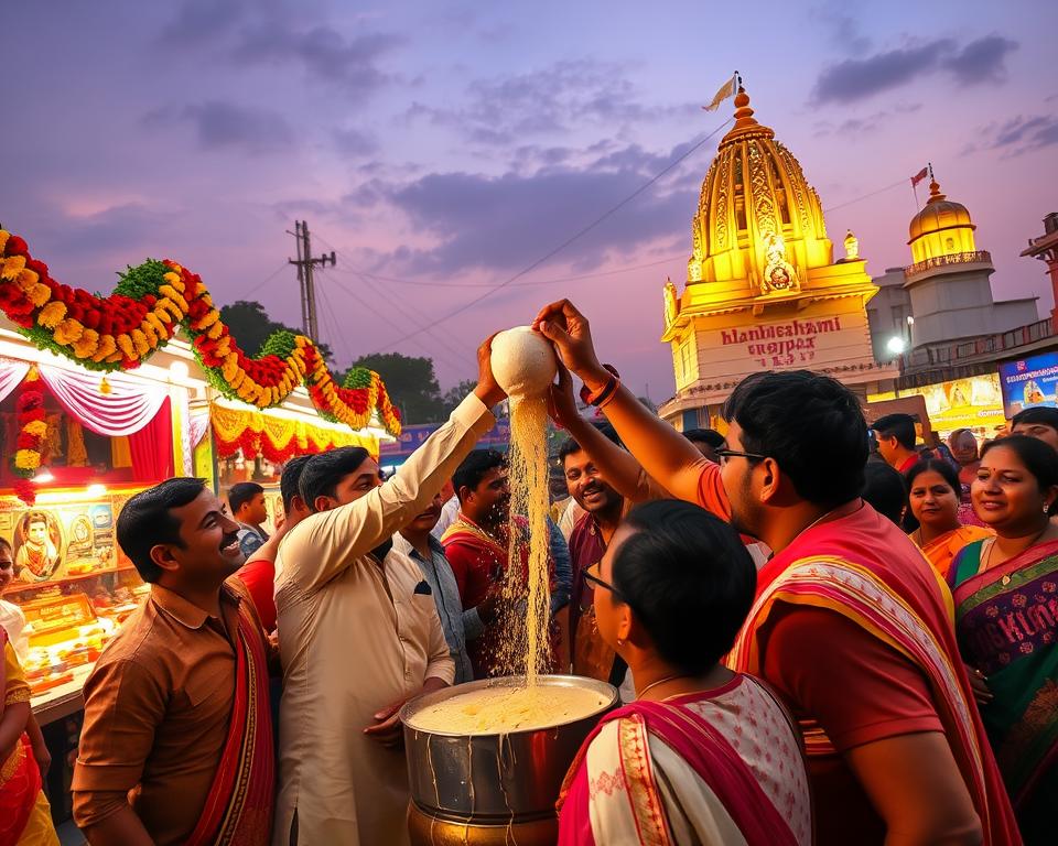 A vibrant celebration of Janmashtami, capturing the joy of Krishna's birthday in an Indian festive environment. In the foreground, a group of men and women, dressed in traditional Indian attire, engage in a joyous Dahi Handi activity, reaching up to break a pot filled with yogurt. The middle ground features decorated stalls adorned with colorful flowers, festive lights, and images of Lord Krishna, intensely bringing the festivities to life. In the background, a warm twilight sky casts a golden glow, illuminating distant temple structures embellished with intricate carvings. The scene is filled with excitement, laughter, and the essence of community celebration. The lighting is soft yet vibrant, adding warmth to the atmosphere, while the angle is slightly elevated to capture the entire festive scene in dynamic detail.