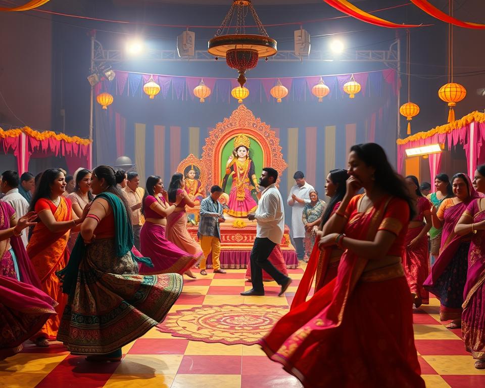 A vibrant celebration scene of Navaratri, depicting a colorful dance floor under soft, warm lights. In the foreground, groups of women and men dressed in traditional attire, such as sarees and kurtas, twirl and dance joyfully, showcasing intricate patterns and vibrant colors. The middle ground reveals beautifully decorated idols of Goddess Durga, adorned with flowers and lights, surrounded by devotees performing rituals. In the background, a festive atmosphere is created with colorful lanterns, rangoli designs on the ground, and banners fluttering gently. The mood is lively and spiritual, capturing the essence of devotion and celebration. The scene is illuminated with soft golden lighting, creating a warm and inviting ambiance. The angle is slightly elevated, allowing for a panoramic view of the festivities while maintaining a focus on the dancers in the foreground.