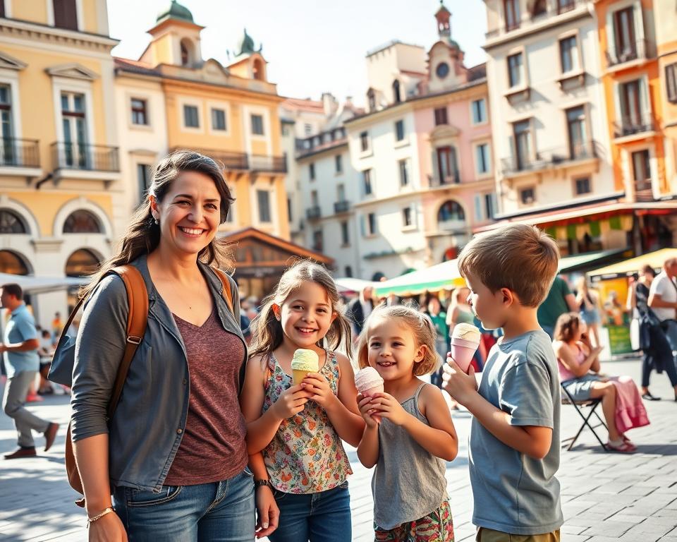 A vibrant city square bustling with families exploring culture together. In the foreground, a smiling mother and her two children, a young girl and boy, dressed in casual clothing, engage with a colorful street performer entertaining passersby. The middle ground features a small café with families seated outside, enjoying ice cream. In the background, historic buildings and a lively market create a sense of place, bathed in warm afternoon sunlight. The scene resonates with joy and discovery, emphasizing the fun of city travel with kids. Capture this lively atmosphere with a wide-angle lens to encapsulate the bright colors and dynamic interactions, evoking a sense of adventure and cultural exploration.