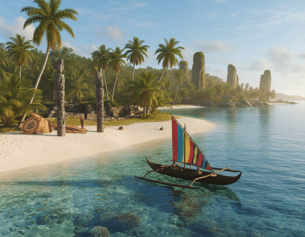 A vibrant coastal scene from the Palau Islands, showcasing rich cultural elements of "Belau" to the colonial era. In the foreground, include a traditional Palauan canoe gliding on crystal-clear turquoise water, adorned with colorful sails. The middle ground features a serene beach lined with lush palm trees and indigenous artifacts, such as carved wooden totem poles and woven mats. In the background, a striking view of ancient stone monoliths juxtaposed against a bright blue sky, hinting at the islands' historical significance. Use warm, golden hour lighting to create an inviting atmosphere, capturing the unique culture and heritage. The scene is peaceful and contemplative, evoking a sense of history and connection to nature.