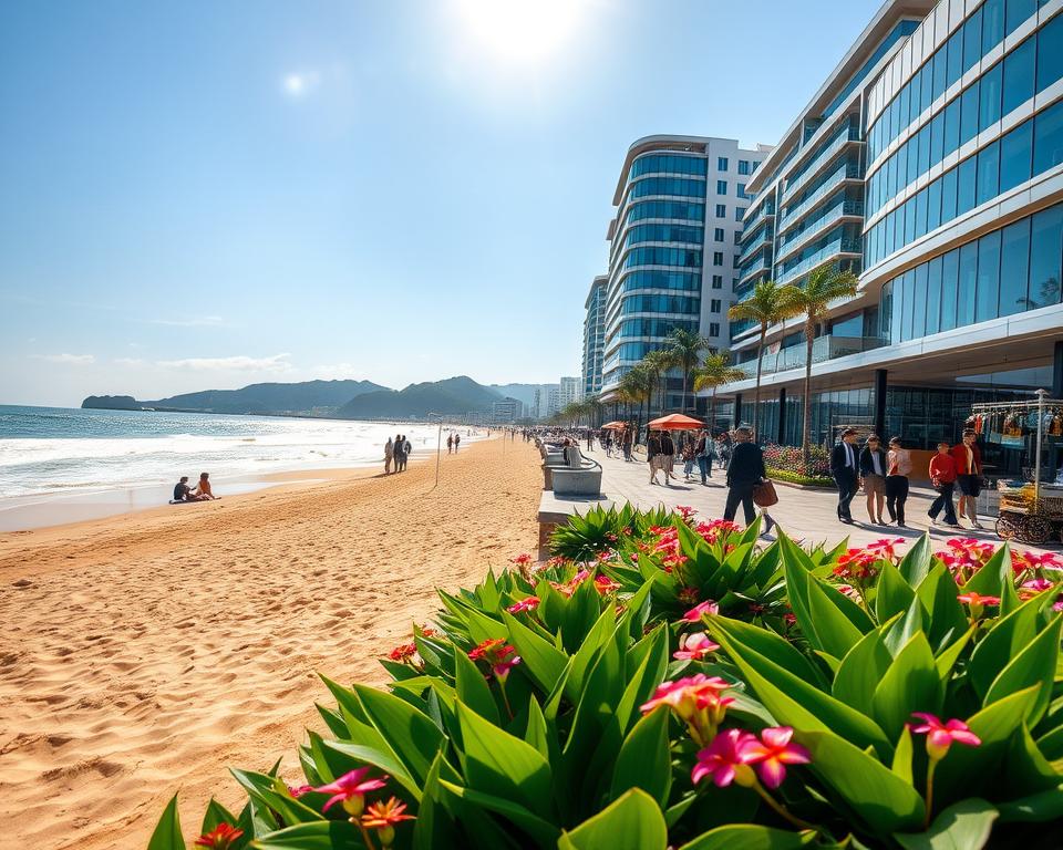 A vibrant coastal scene of Haikou, Hainan, during a sunny day, showcasing the city's blend of modern architecture and natural beauty. In the foreground, lush tropical plants and colorful flowers frame a picturesque beach with soft golden sand. The middle ground features sleek buildings with glass facades that reflect the clear blue sky, accompanied by people in professional business attire strolling along the promenade, engaging with local vendors. In the background, gentle waves roll onto the shore with a distant view of green hills under a bright sun, creating a lively yet relaxed atmosphere. The lighting is warm, suggesting mid-afternoon, captured from a slightly elevated angle to emphasize the depth of the landscape.