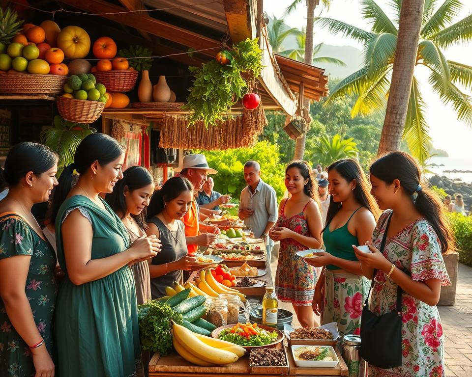A vibrant culinary scene in Montezuma, Costa Rica, featuring a colorful outdoor market with local vendors showcasing fresh tropical fruits, organic vegetables, and artisanal foods. In the foreground, a diverse group of people in modest casual clothing engages enthusiastically with the vendors, exchanging smiles and sampling dishes. The middle ground highlights a picturesque food stall adorned with traditional decorations, aromatic spices, and colorful dishes beautifully presented. In the background, lush greenery and a glimpse of the beach evoke the tropical atmosphere. The lighting is warm, with the sun casting a golden hue over the scene, enhancing the vibrant colors of the produce and dishes. The mood is lively and inviting, capturing the essence of culinary exploration in this charming coastal town.